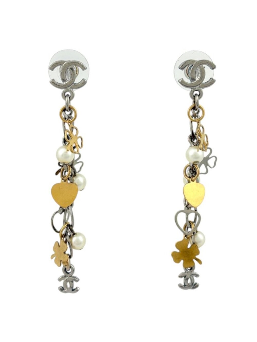 Chanel Earrings CC Logo Clover Heart Swing Silver Plated Faux Pearl Gold